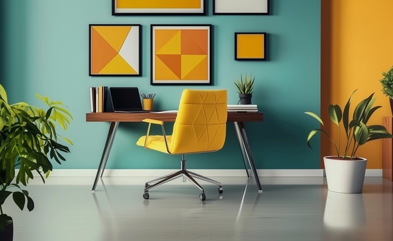 Ein moderner gelber Bürostuhl steht in einem Homeoffice Büro im Midcentury-Stil