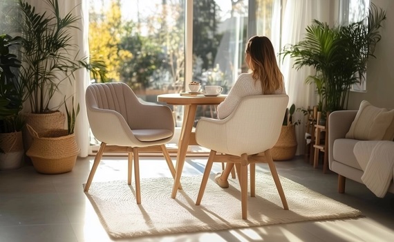 Eine Frau sitzt auf einem Esszimmerstuhl und trinkt einen Kaffee Eine Frau sitzt auf einem Esszimmerstuhl und trinkt einen Kaffee