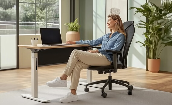 Frau sitzt entspannt auf einem Bürostuhl im Home Office Frau sitzt entspannt auf einem Bürostuhl im Home Office