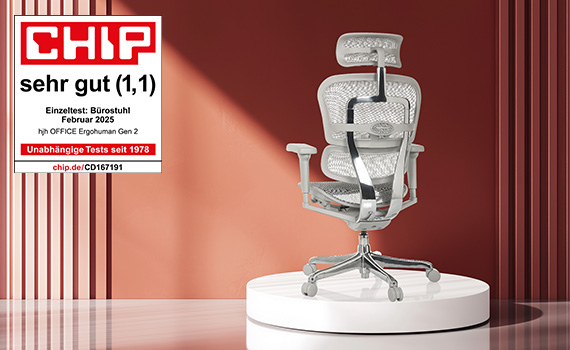 ERGOHUMAN GEN2 auf einem Podest und das CHIP-Prüfsiegel mit einer Gesamtnote von 1,1